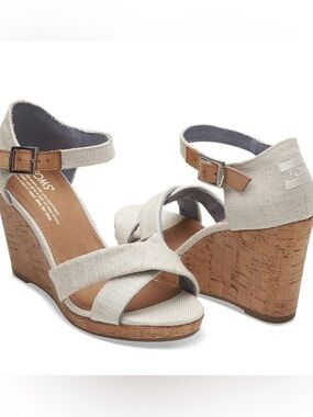 Toms Sienna Beige Linen-Look Cork Wedge Sandals Size 7